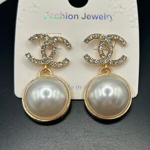 Gold and Round Pearl Dangle Earrings